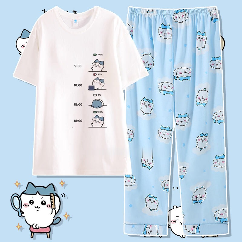 chiikawa Pajamas Summer Cotton Round Neck Short Sleeve Trousers Loose Cartoon Jiyka Wow Home Clothes