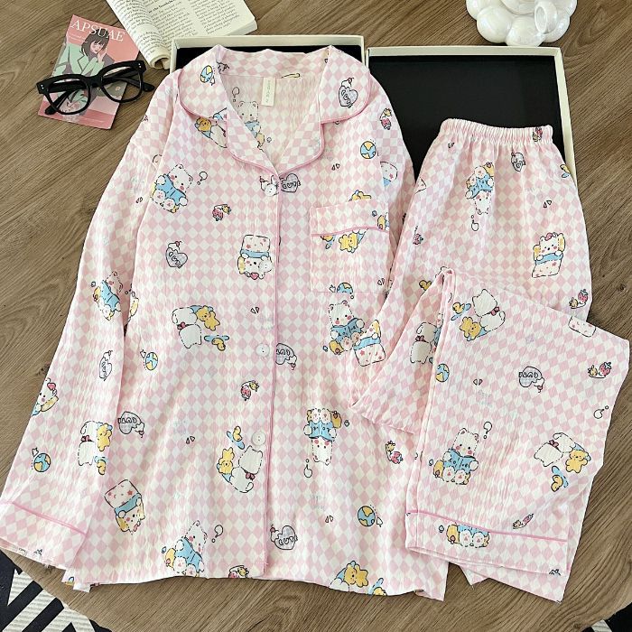 Nube de algodón pijama de mujer primavera y otoño nuevo cardigán clásico dibujos animados lindos dulces pantalones de manga larga ropa para el hogar
