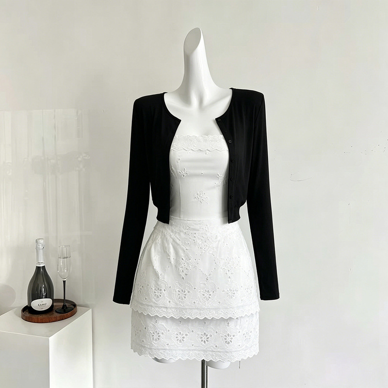 High-End Fashion Commuter Style Slim-Fit Thin Cardigan Top and Elegant Waist-Cinching A-Line Dress Set for Women