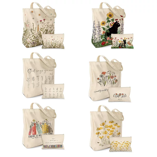 Cross-Border Beauty Canvas Tote Bag Two-Piece Set Shoulder Combination Bag Foldable Bag Miscellaneous Bag Shopping Bag Travel Bag