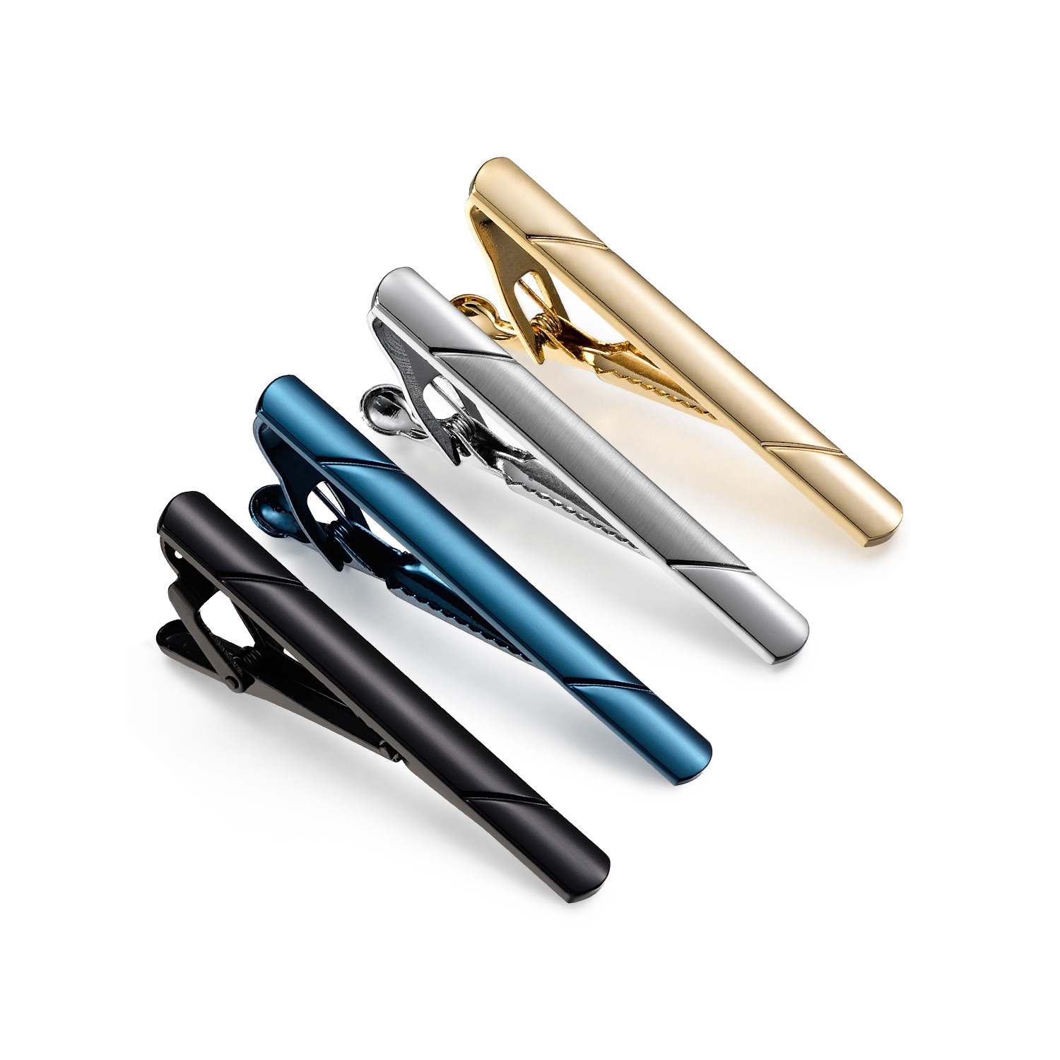 Set di quattro fermacravatte di alta gamma Dai Li in twill lucido francese, nei colori oro, argento, blu e nero K37_voghion.com