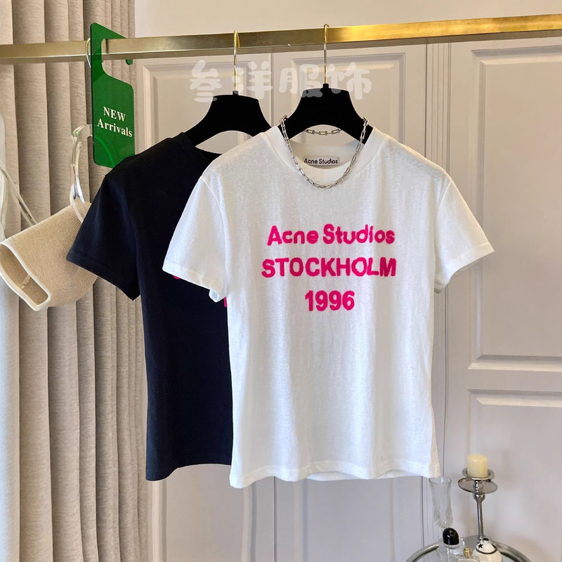 Complete Set of Three Tags 2026 Ac New Year New Model 1996 Printed Flocking Rose Red Letter Short-Sleeve Women's T-Shirt Casual Slim Fit