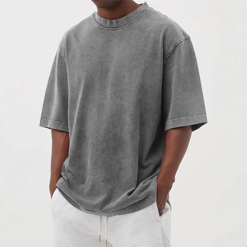 2025 新しいクロスボーダー Amazon AliExpress 春夏メンズウォッシュドカラーダメージソリッドカラープルオーバーショート Tシャツ|undefined