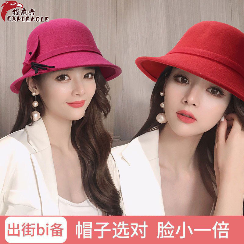秋冬季帽子女英伦圆顶羊毛呢礼帽女韩版新款复古百搭渔夫帽盆帽潮