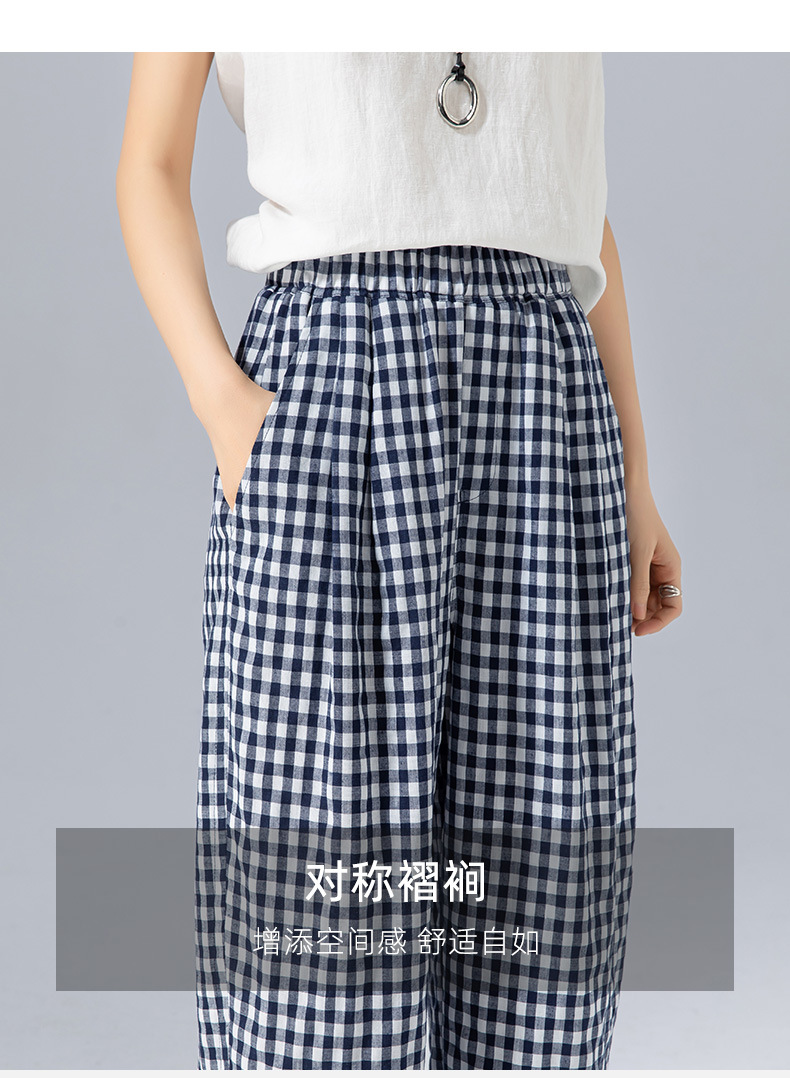 Quần culottes nữ ống rộng cạp cao kẻ sọc linen phong cách Hàn Quốc mùa hè — Caro xanh lam chi tiết 18
