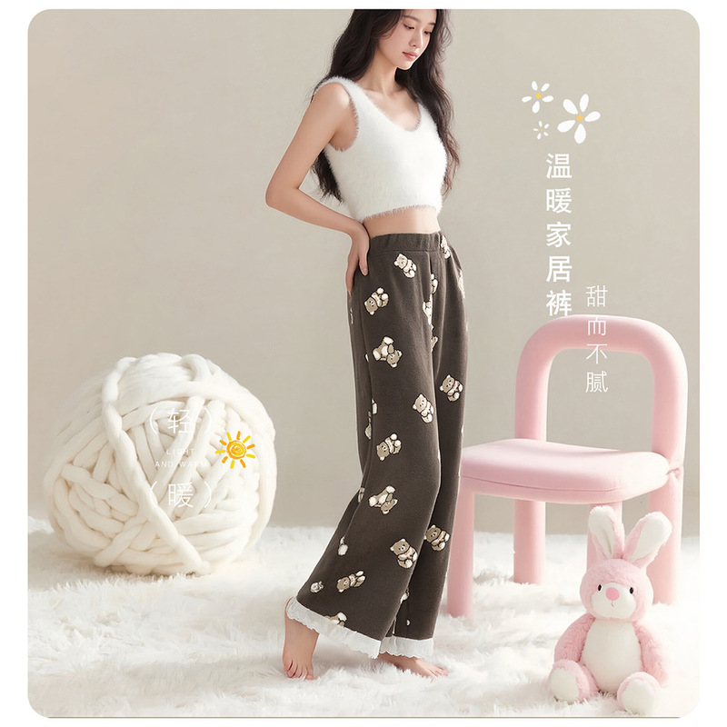 Autumn and Winter 2025 New Women's Warm Home Pants Fleece-Lined Warm Pants Comfortable Warm Velvet Lace Splicing Korean Style Pajamas Warm