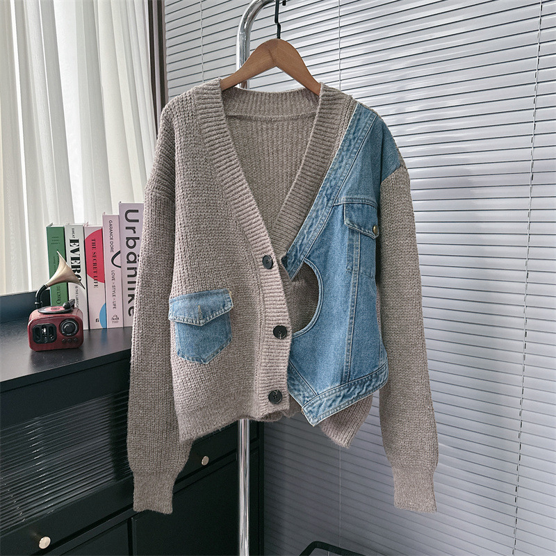Veste pull en denim patchwork de niche pour vêtements pour femmes_voghion.com