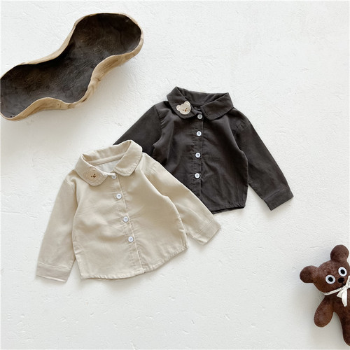 Spring and autumn clothes for boys and girls, bear embroidered Korean style simple corduroy long-sleeved handsome tops