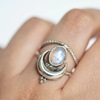 Retro fashionable ring with stone, accessory, boho style, moonstone