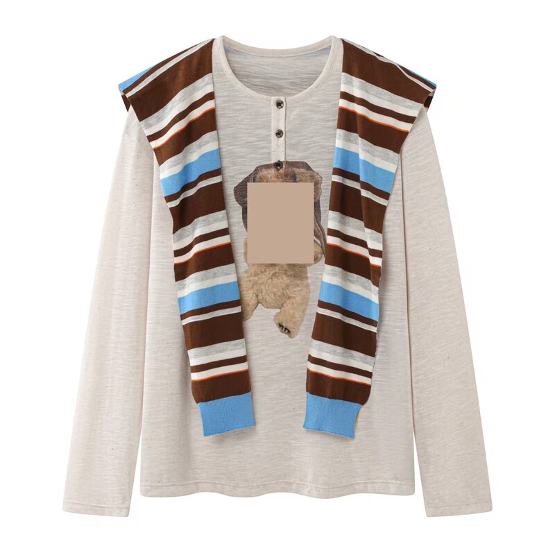 In Stock 2026 Winter New Designer Striped Shawl Cartoon Bear Print Long-Sleeve T-Shirt Rk91001313