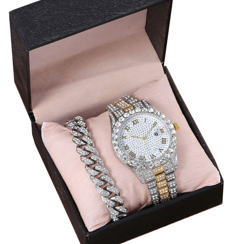 Fashion hip-hop style chain full diamond watch + diamond bracelet (2pcs/set)