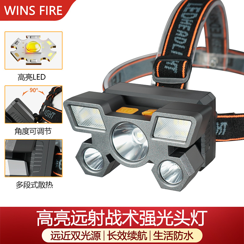 Linterna de múltiples funciones al aire libre transfronteriza LED de luz fuerte de carga USB multifunción Impermeable camping pesca nocturna linterna montada en la cabeza