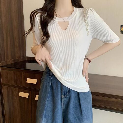 Women's belly-covering hollow ice silk short-sleeved base shirt 2025 summer mm slimming age-reducing foreign-style knitted top