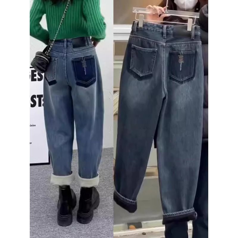 老爹牛仔裤女冬季新款大码胖mm高腰加绒加厚显瘦小个子萝卜哈伦裤