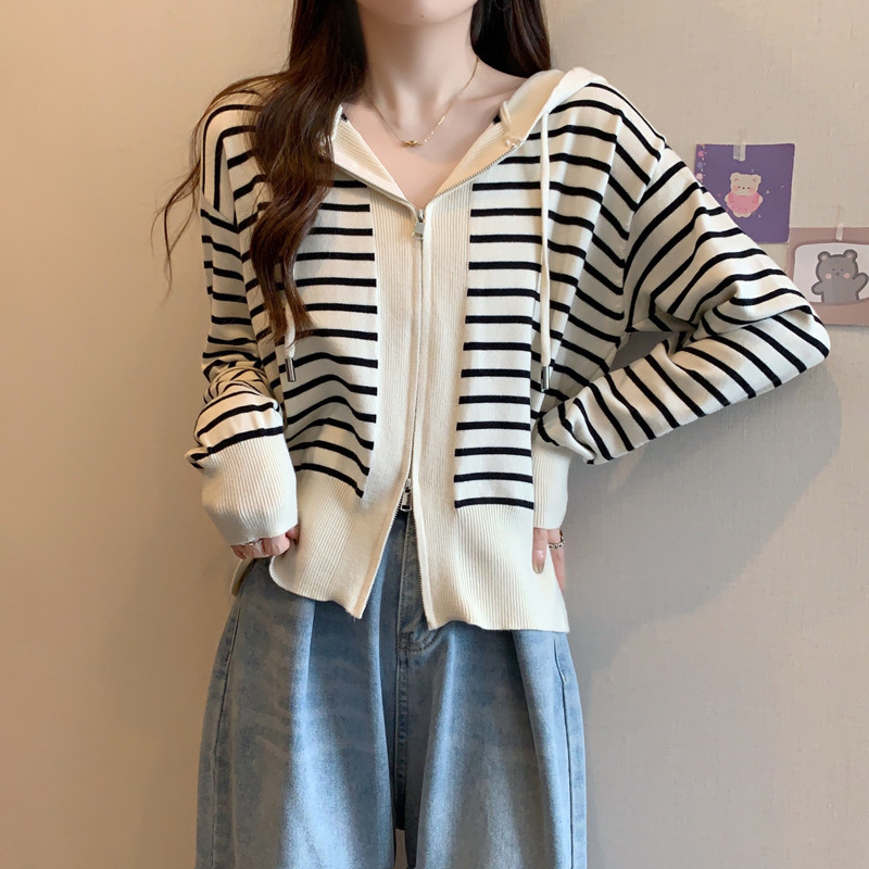 双拉链连帽卫衣针织衫女秋冬条纹上衣外套宽松毛衣打底衫爆款外套