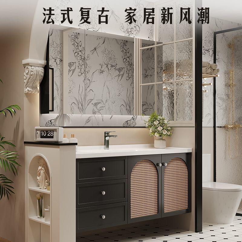 French Retro Rattan Bathroom Cabinet Black Washstand Bathroom Cabinet Bathroom Washbasin Washbasin Cabinet Combination