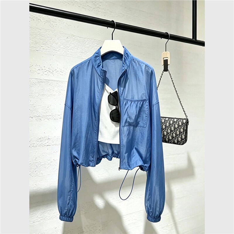 Shenzhen Nanyou 2026 New Summer High-End Niche Design Drawstring Stand Collar Blue Lightweight Short Jacket for Women