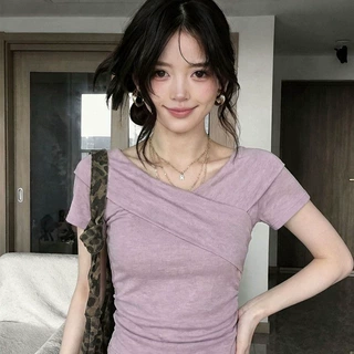 紫色不规则V领短袖T恤女夏季新款设计感绝美显瘦修身正肩百搭上衣