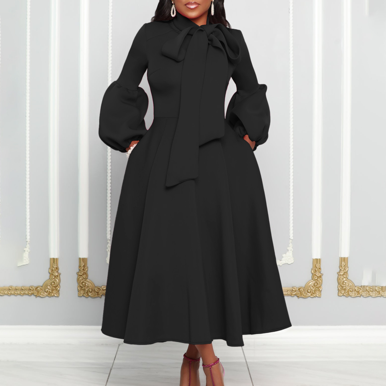 Women's Clothing women's spring new style puff sleeves bow tie large skirt high waist dress dress_voghion.com