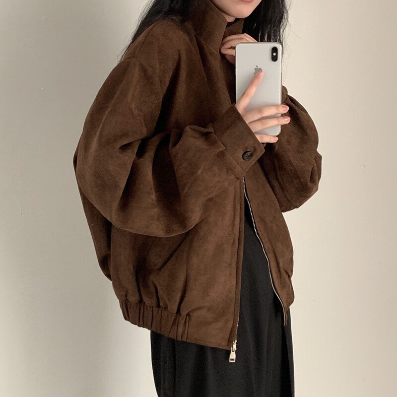 Women's suede jacket for fall and winter, with a unique design, short style, American-style aviator jacket, trendy top
