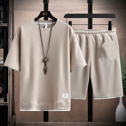 Waffle T-shirt for Men, Short Sleeve, Ice Silk Summer Set, Stylish Casual Sportswear with Thin Pants