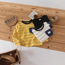 儿童T恤男童长袖棉质新款新品上衣女童口袋条纹字母宝宝打底黑色