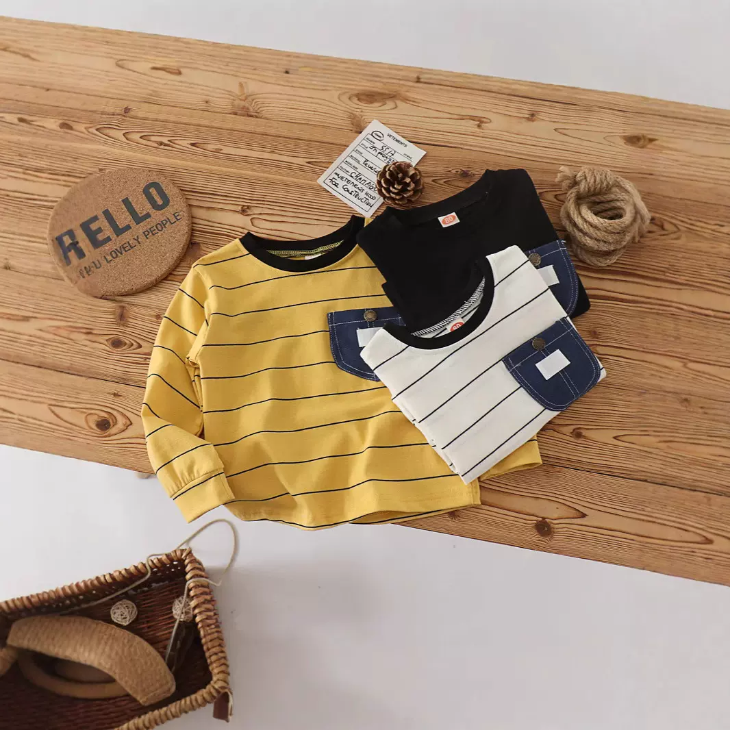 儿童T恤男童长袖棉质新款新品上衣女童口袋条纹字母宝宝打底黑色