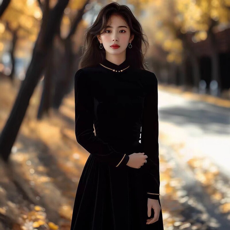 2026 Autumn New Collection: High-end, Luxurious, and Unique Black Velvet Dress for Women, Perfect for Elegant Banquets