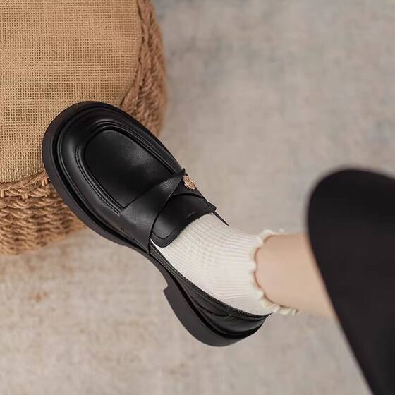 French Gold Coin Loafers Women's British Style 2024 Spring and Autumn New Thick-soled Thick-heeled Single-layer Shoes One-step Small Leather Shoes