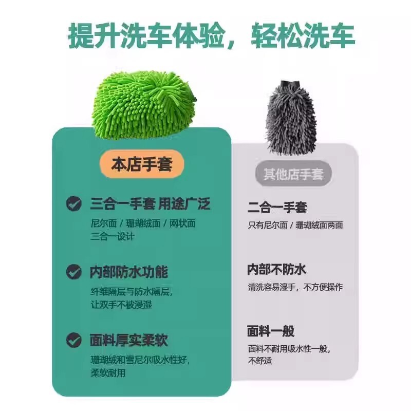 洗车手套加厚雪尼尔海绵熊掌双面防水珊瑚毛绒五指擦汽车专用手套|undefined