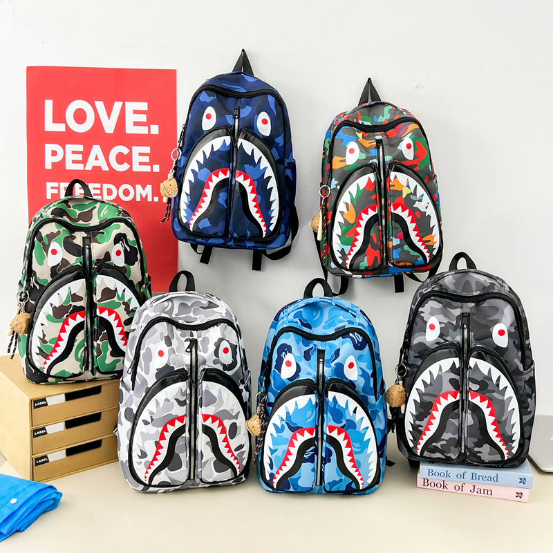 Cross-Border New Style Printed Shark Backpack, Large Capacity Storage Student Backpack, Casual Travel Backpack for Men and Women