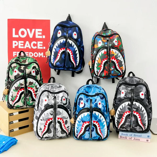 Cross-Border New Style Printed Shark Backpack, Large Capacity Storage Student Backpack, Casual Travel Backpack for Men and Women