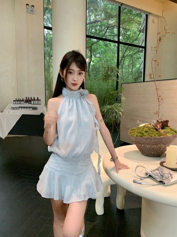 Neck dress Women's Summer Sleeveless Short Dress French Style Hot Girl Design Elegant Striped Blue Dress Neck dress Women's Summer Sleeveless Short Dress French Style Hot Girl Design Elegant Striped Blue Dress