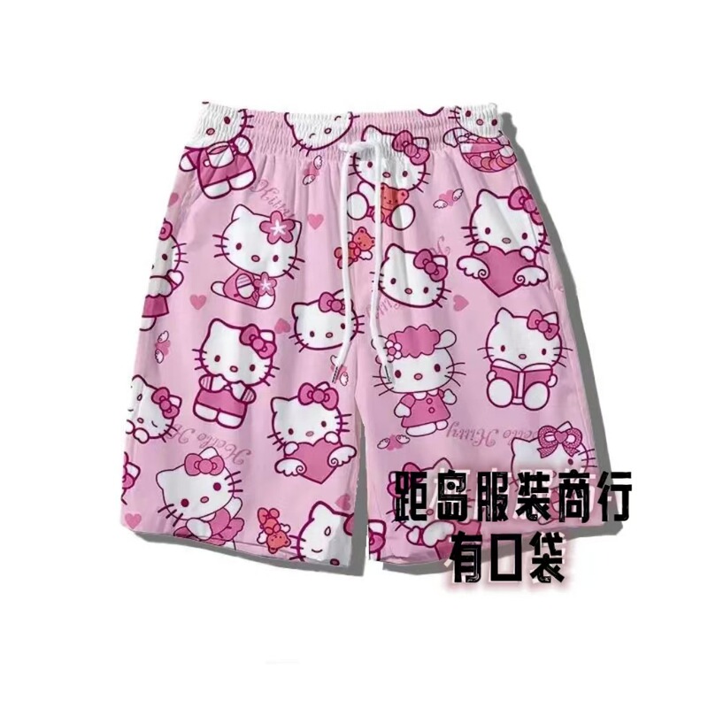 Cute Cartoon Hello Kitty Casual Shorts Men's Summer Loose Beach Pants Ins Basketball Shorts Sports Five-Point Pants