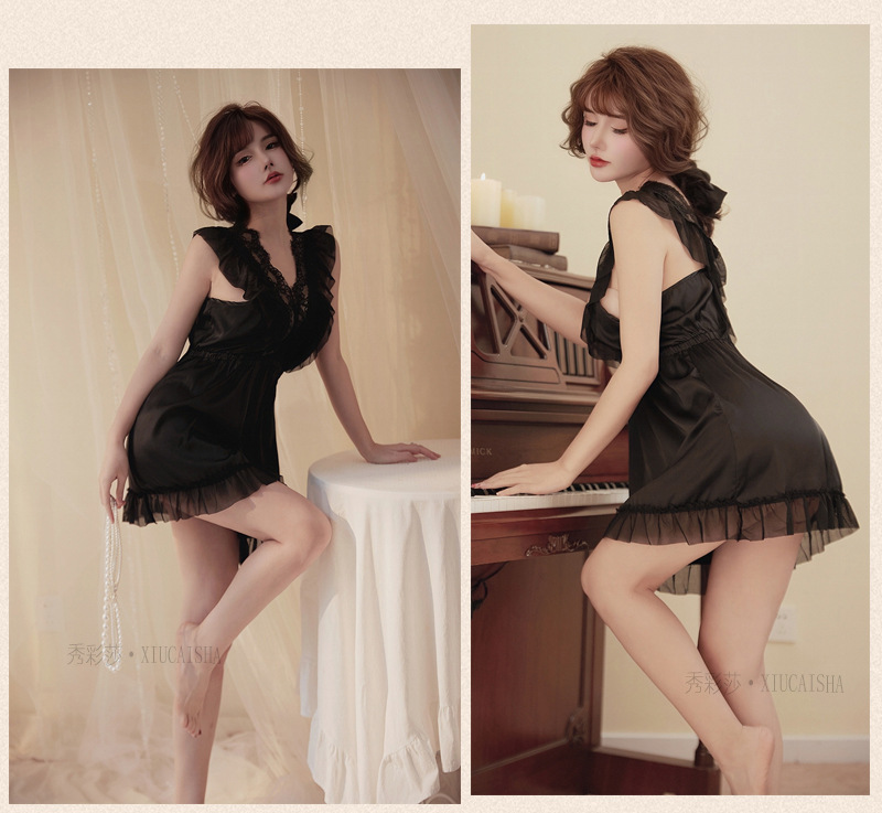 Plus Size Lace Babydoll Nightgown, Short Skirt Style, Black One Size — detail image 16