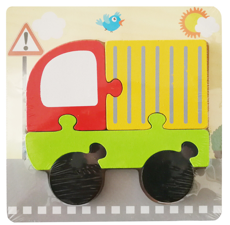 Simulación de madera de dibujos animados vehículo animal rompecabezas educación temprana bloques de construcción niños bebé cognición rompecabezas tridimensional al por mayor