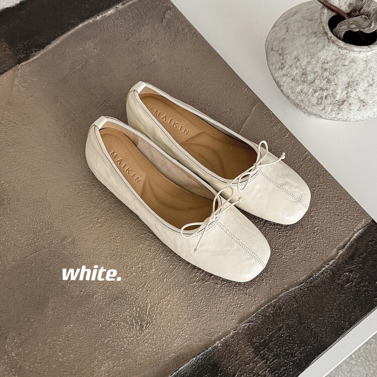 Top-grain cowhide Korean-style ballet aesthetic bow-tie slip-on shallow-cut shoes, cowhide granny shoes