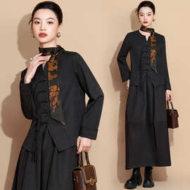 好质量中式唐装盘扣小V领长袖上衣领带服改良女古风半身裙三件套
