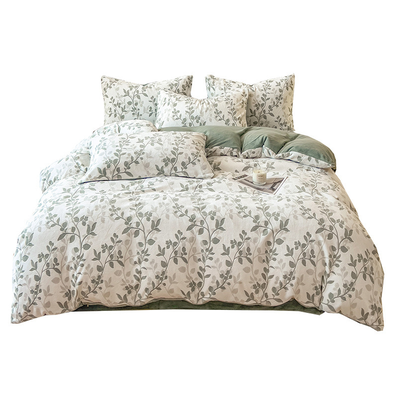 Cama de terciopelo tallado de alta calidad, cuatro piezas de lujo ligero, ropa de cama de terciopelo de alta calidad, sábanas de terciopelo de coral gruesas cubiertas