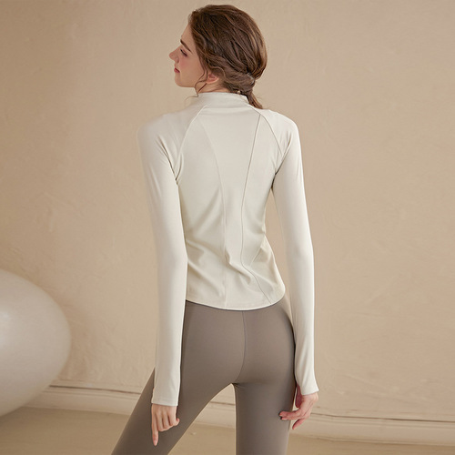 Double zipper stand collar yoga clothing jacket women's long-sleeved sports top slim fit running and cycling autumn and winter fitness clothing