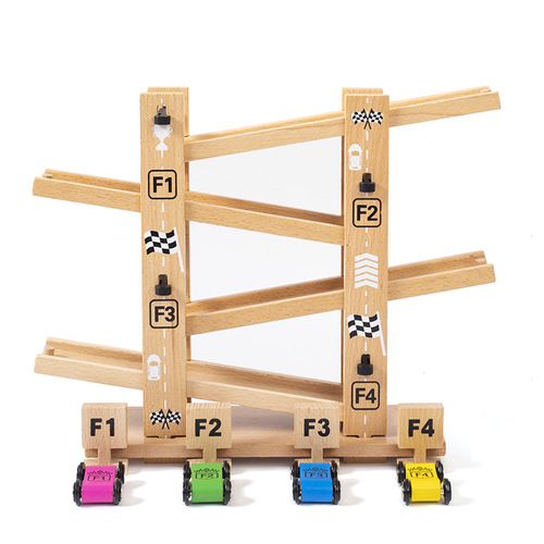 New four-track glide car children's educational assembled track inertia pull-back car creative assembly racing wooden toy