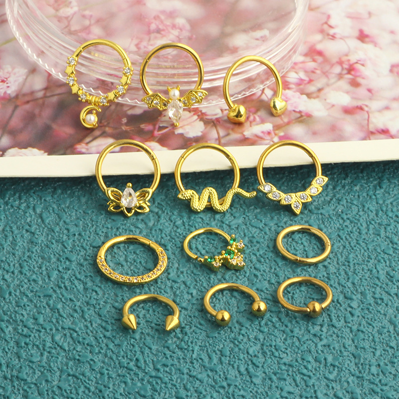 12Pcs Stainless Steel Open Nose Ring Set European American Bat Zircon Earrings Nose Stud Piercing Jewelry detail image 12
