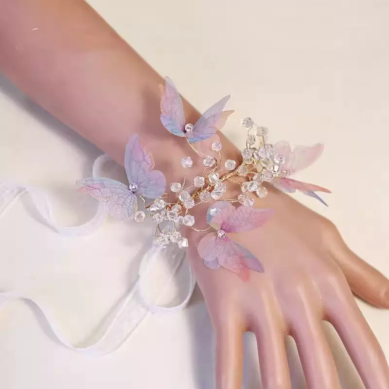 唯美小清新森系婚礼新娘手腕花伴娘团手环花蓝粉色蝴蝶水晶手绑花