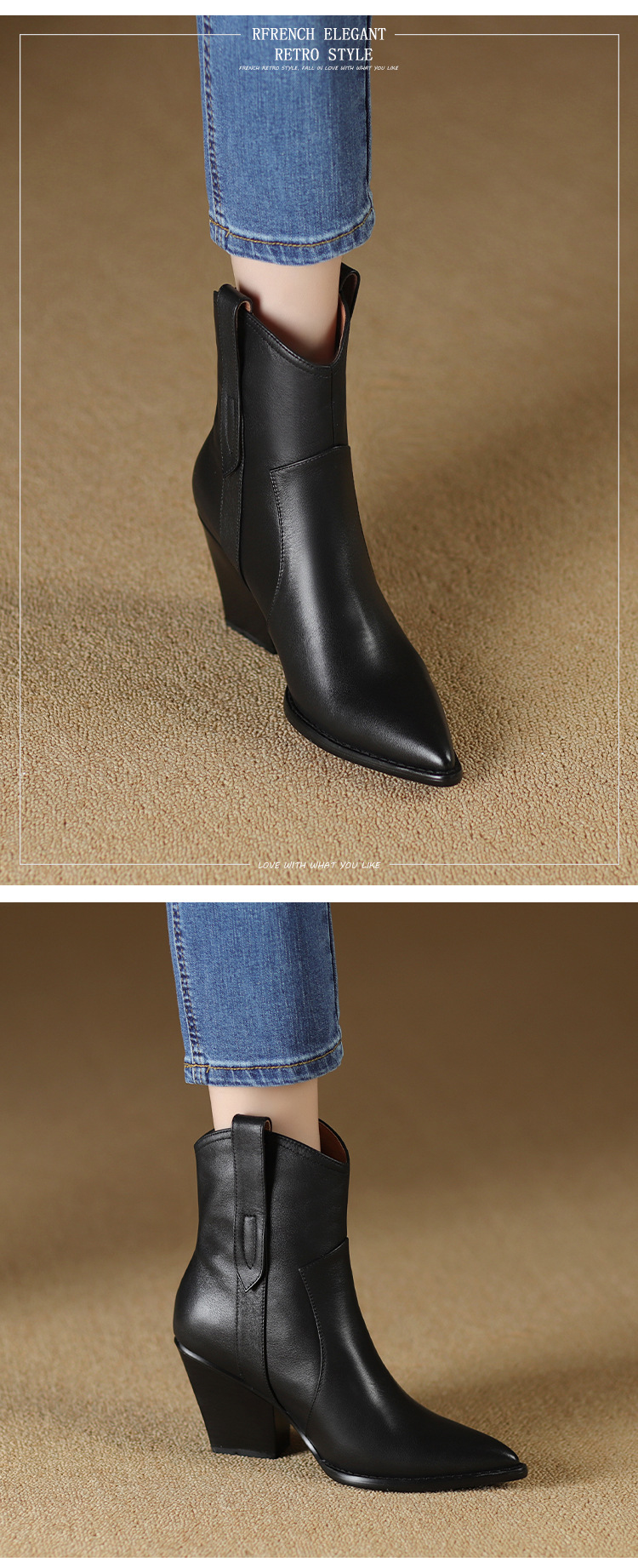 Boot Chelsea nữ cổ thun da bò gót 8 cm mũi nhọn màu kaki — Màu kaki chi tiết 6