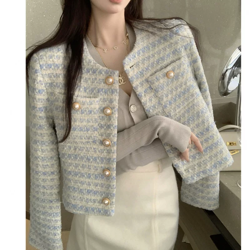 Женская весенняя куртка с длинным рукавом, французский твид, в стиле Chanel, светло-голубая