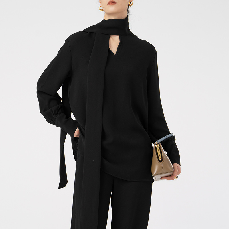 J*S Brand Jin-Style Triacetate Tie-Up Loose Long Black Elegant Long-Sleeve Women's Shirt