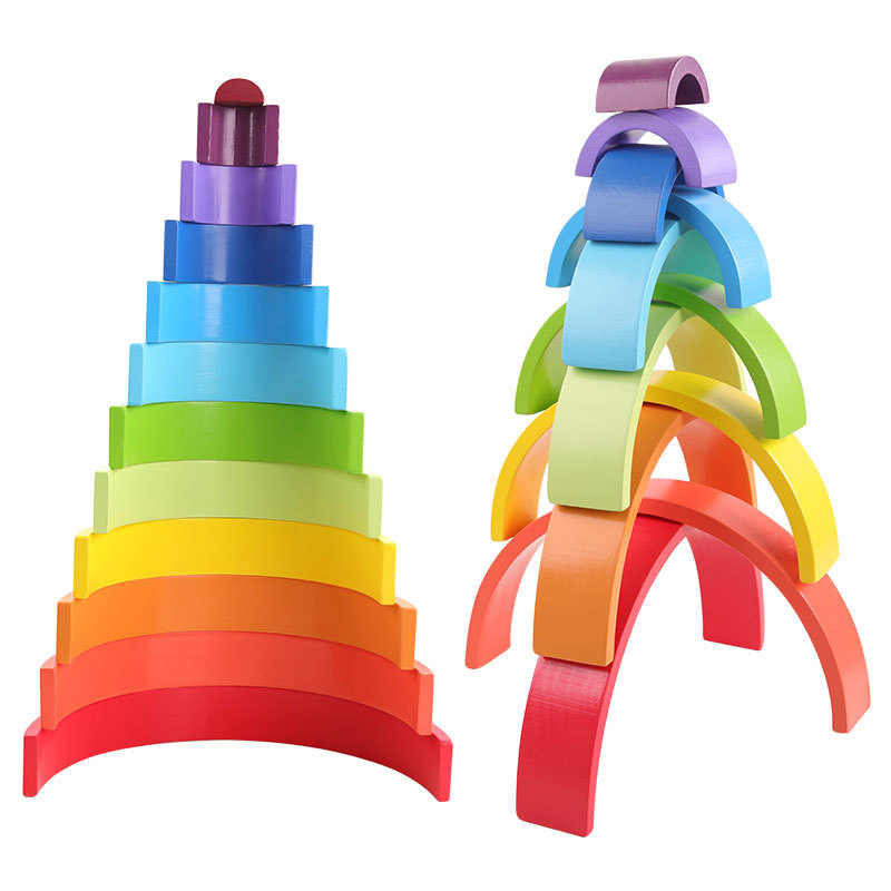 Los niños de madera del arco iris bloques de construcción juguetes bebé color cognición educación de la primera infancia apilamiento altura 3-7-10 años juguetes