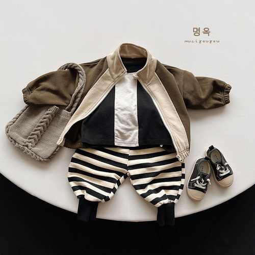 Knock on style~Korean version of contrasting color coats, autumn new style, retro Japanese cardigans, sweatshirts, jackets for boys and girls, children's clothing trend