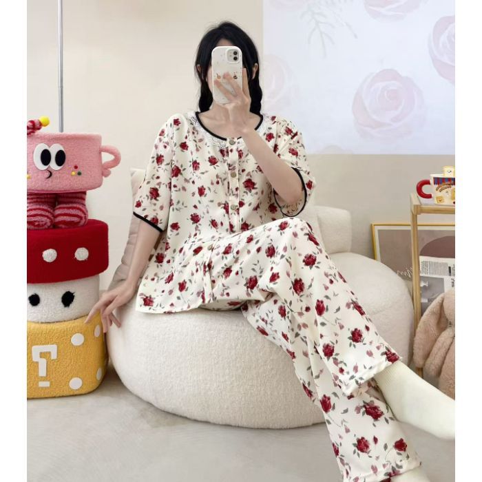 Venta al por mayor transfronteriza de verano algodón nuevo pijama de manga corta con cuello en V cárdigan de cuello redondo pantalones de costura de encaje traje suelto