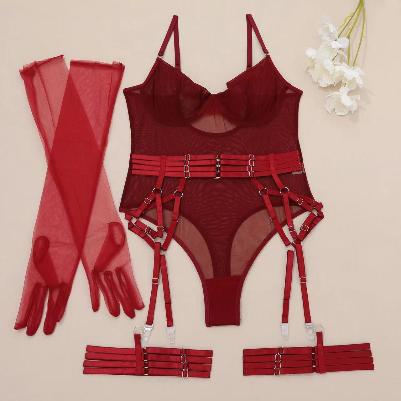 Women’s Lace Bodysuit with Waist Cincher, Leg Loops and Gloves — detail image 8